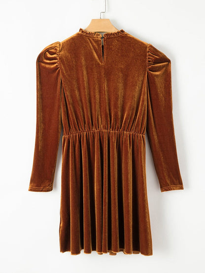 Chestnut Velour Ruffled Neck Gigot Sleeve Swing Frock