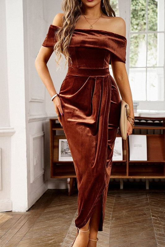Chestnut Velvet Off Shoulder Pleated Wrap Evening Gown