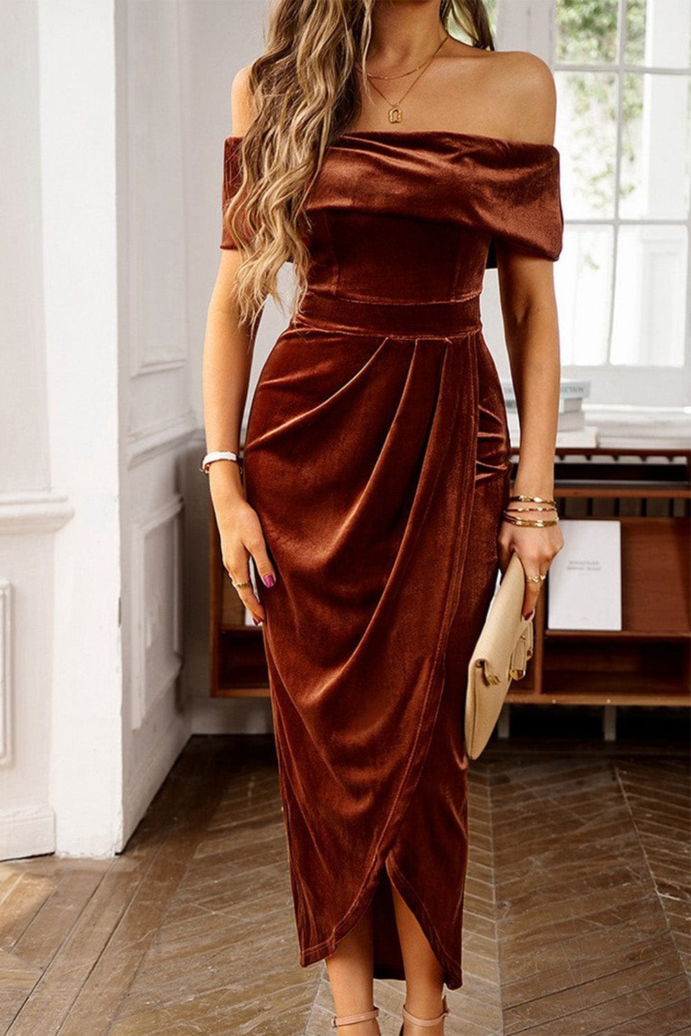 Chestnut Velvet Off Shoulder Pleated Wrap Evening Gown