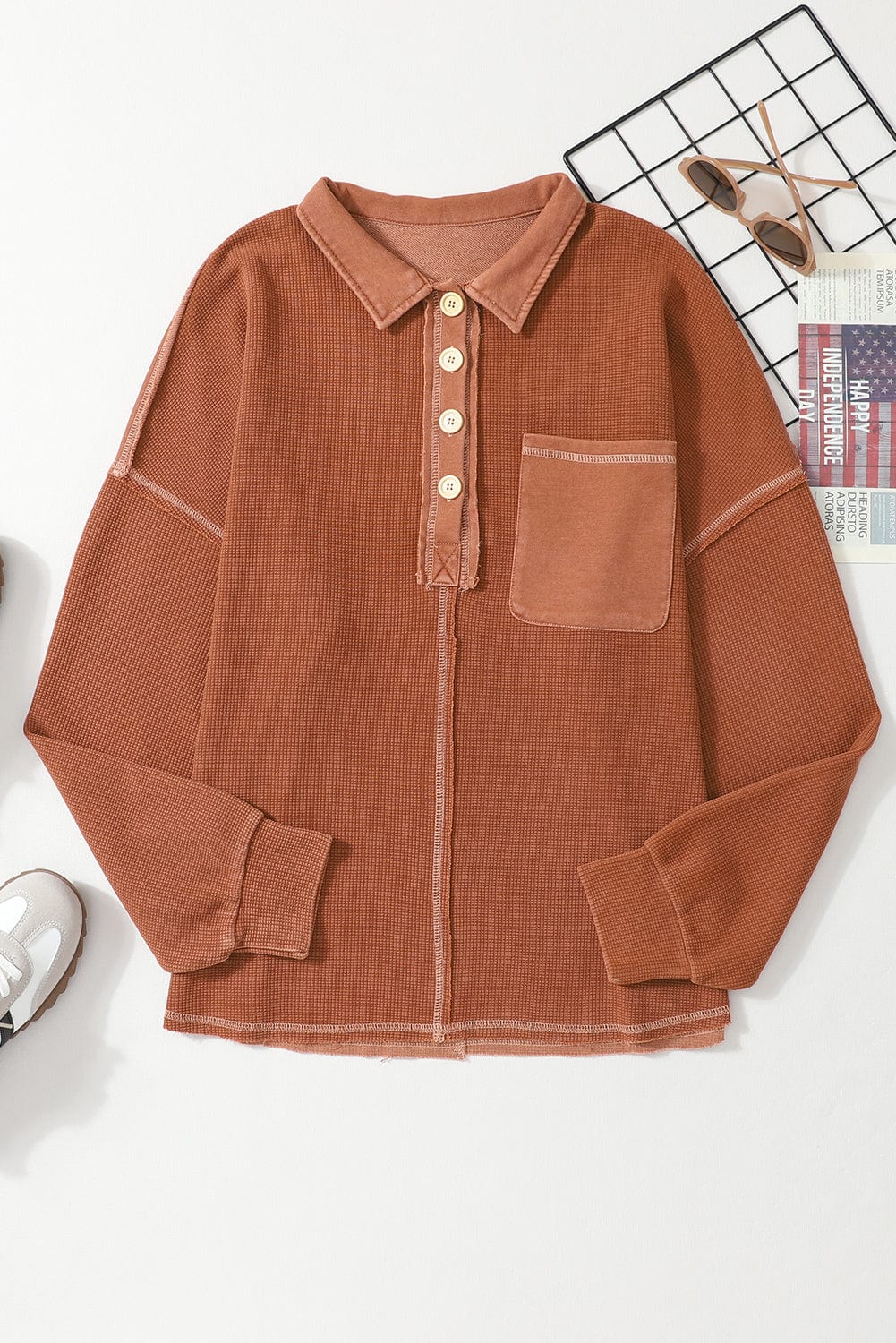 Chestnut Waffle Henley Sweatshirt with Exposed Seam Detail