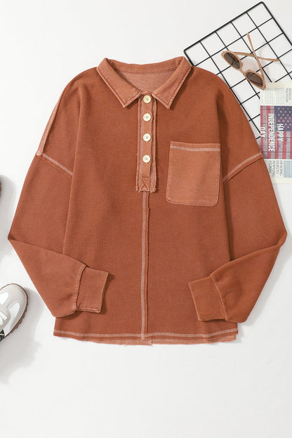 Chestnut Waffle Henley Sweatshirt with Exposed Seam Detail