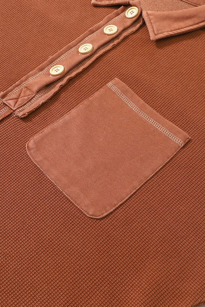 Chestnut Waffle Henley Sweatshirt with Exposed Seam Detail