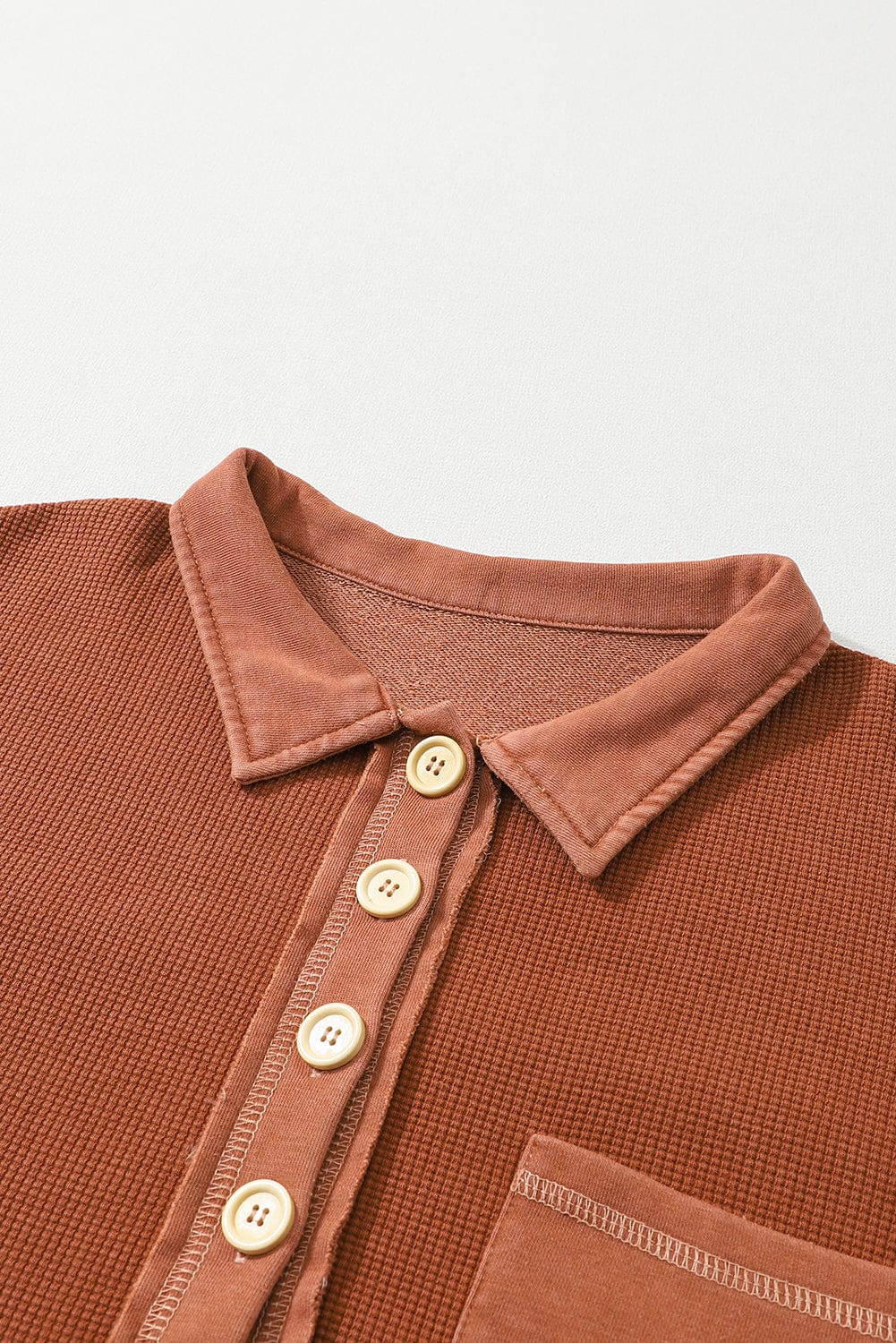 Chestnut Waffle Henley Sweatshirt with Exposed Seam Detail