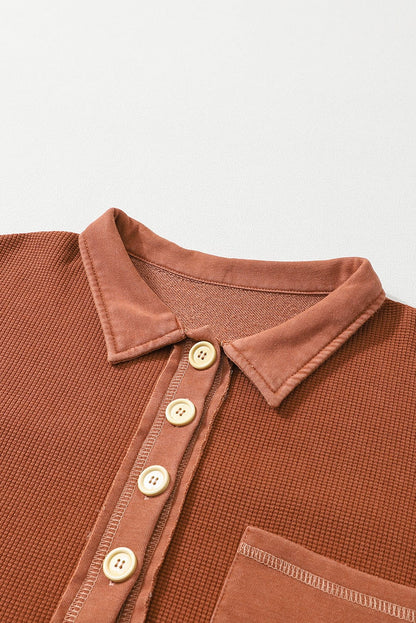 Chestnut Waffle Henley Sweatshirt with Exposed Seam Detail