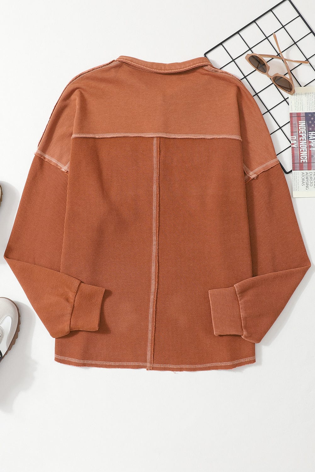 Chestnut Waffle Henley Sweatshirt with Exposed Seam Detail