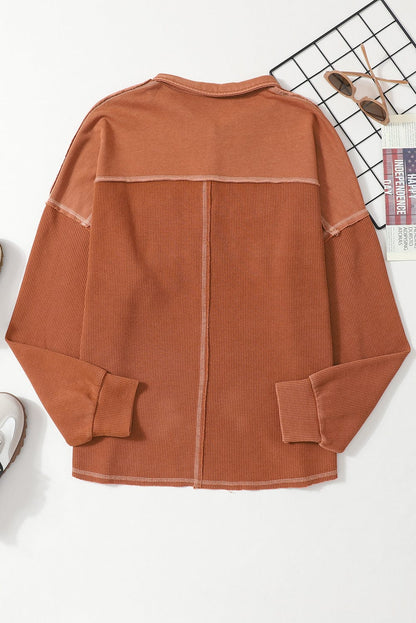 Chestnut Waffle Henley Sweatshirt with Exposed Seam Detail