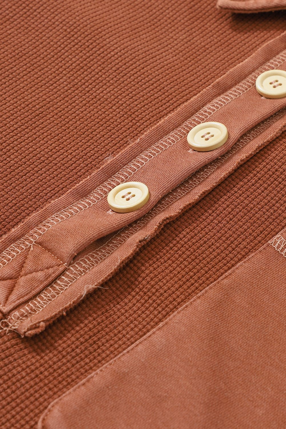 Chestnut Waffle Henley Sweatshirt with Exposed Seam Detail