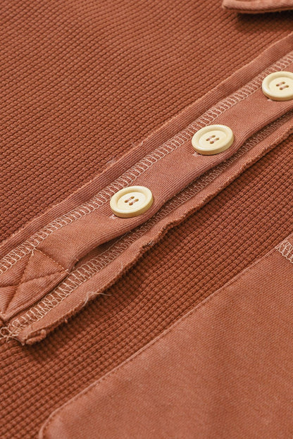 Chestnut Waffle Henley Sweatshirt with Exposed Seam Detail