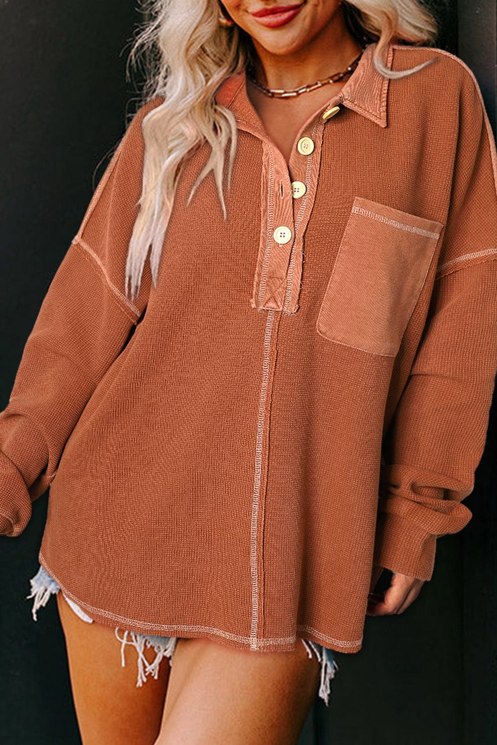 Chestnut Waffle Henley Sweatshirt with Exposed Seam Detail