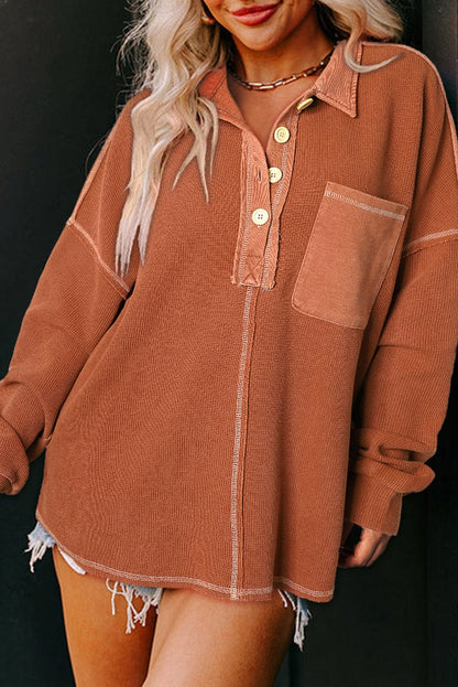 Chestnut Waffle Henley Sweatshirt with Exposed Seam Detail