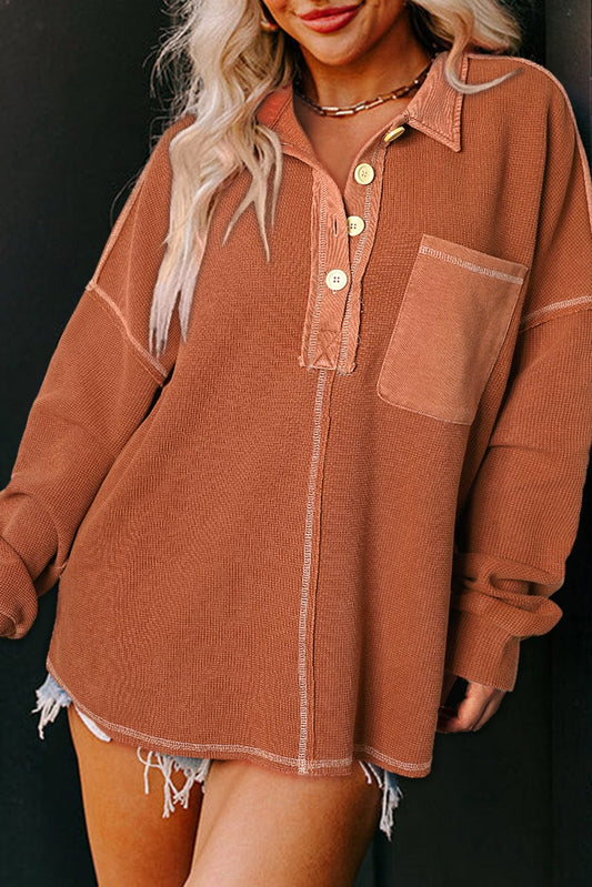 Chestnut Waffle Henley Sweatshirt with Exposed Seam Detail