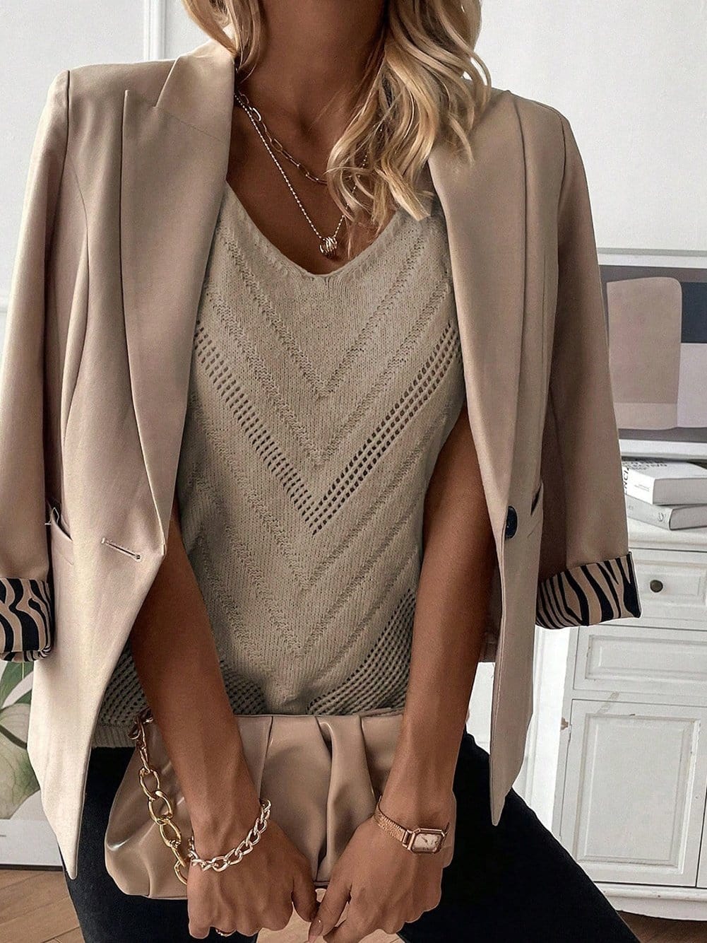 Chevron Pointelle Knit V-Neck Sleeveless Sweater Tank Top