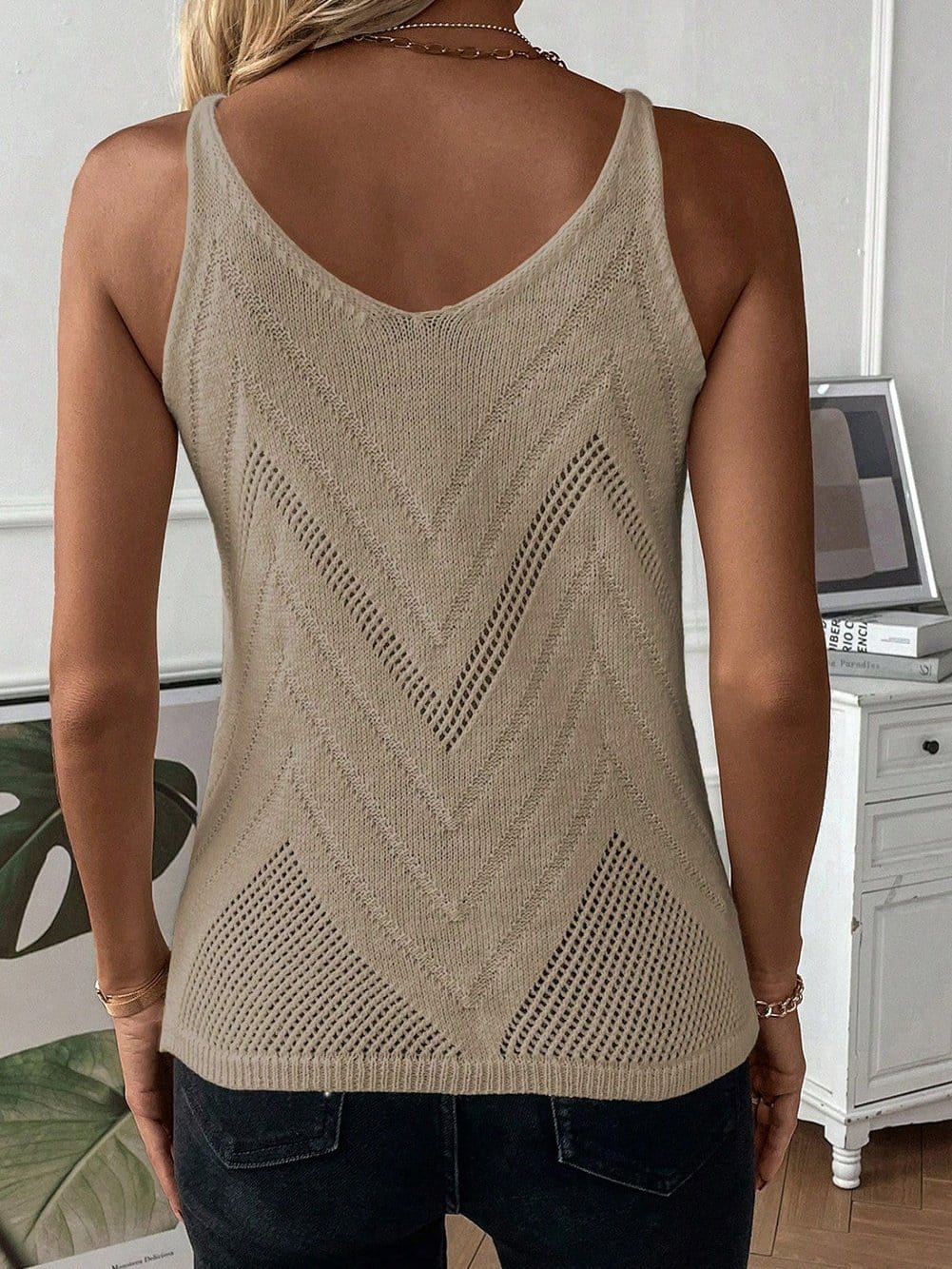 Chevron Pointelle Knit V-Neck Sleeveless Sweater Tank Top