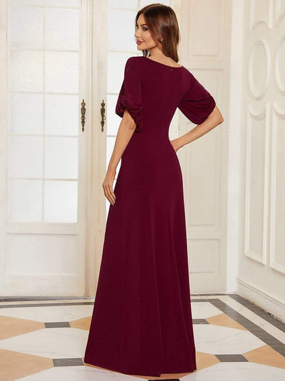 Chic A-Line Burgundy and Navy Blue Wedding Guest Dress with Silver Embellishments