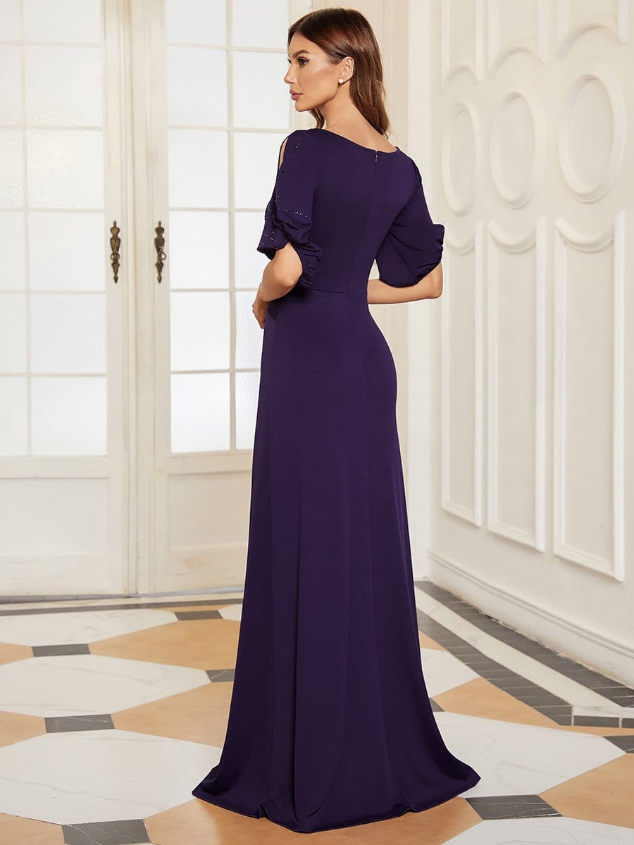 Chic A-Line Burgundy and Navy Blue Wedding Guest Dress with Silver Embellishments
