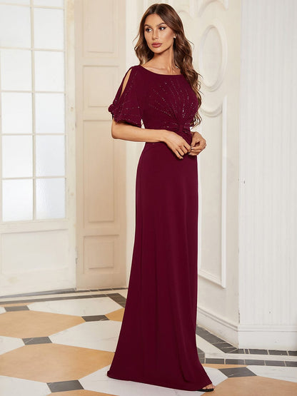 Chic A-Line Burgundy and Navy Blue Wedding Guest Dress with Silver Embellishments