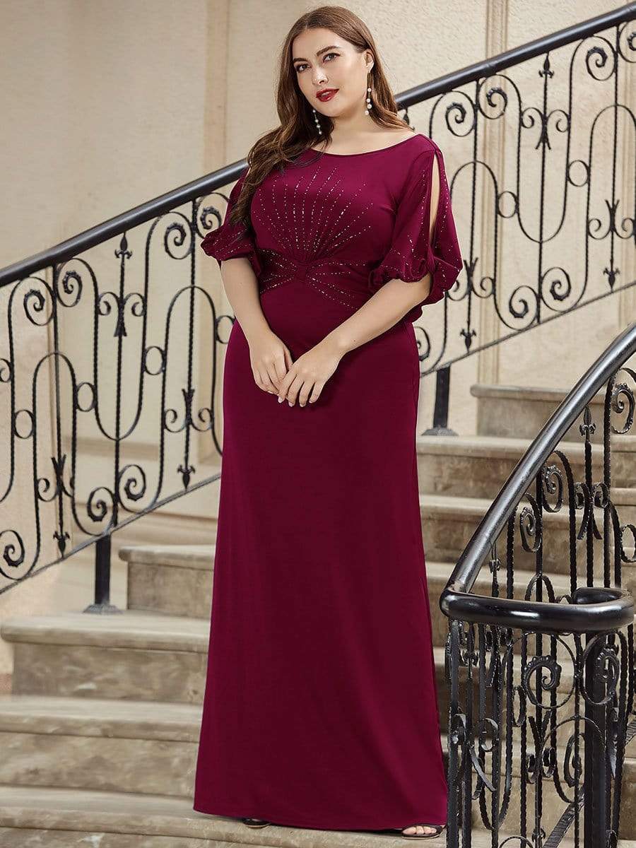 Chic A-Line Burgundy and Navy Blue Wedding Guest Dress with Silver Embellishments