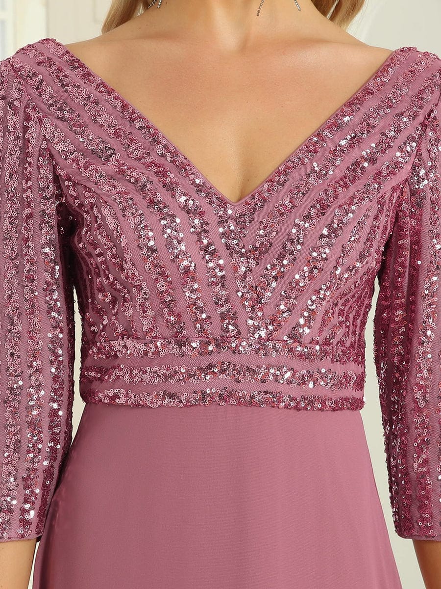Chic A-Line Evening Dress with Sequin Detail and 3/4 Sleeves