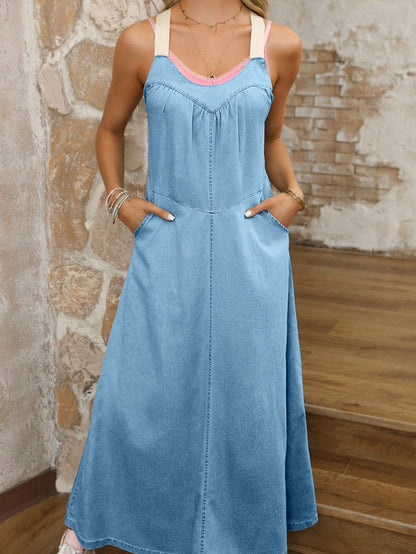 Chic Beau Blue Cotton Chambray Maxi Dress with Contrast Straps