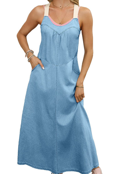 Chic Beau Blue Cotton Chambray Maxi Dress with Contrast Straps
