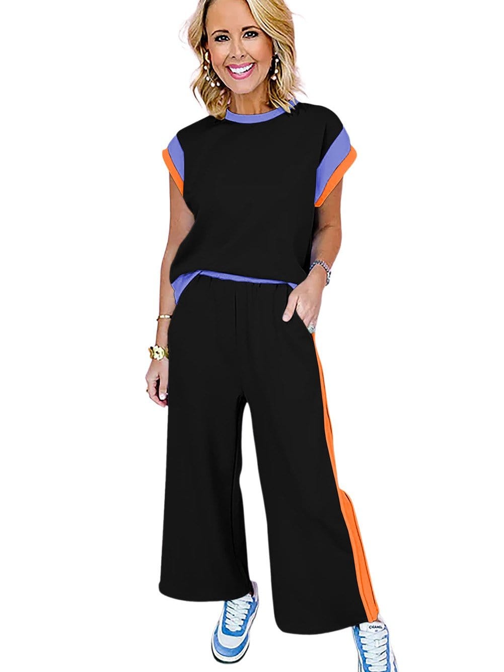 Chic Black Color Block Two-Piece Set