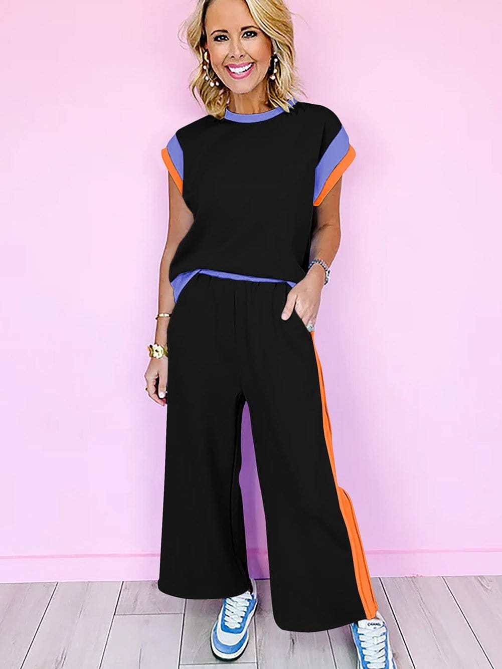 Chic Black Color Block Two-Piece Set