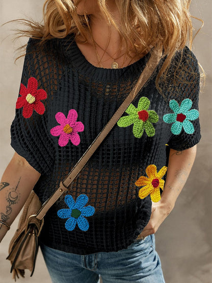 Chic Black Crochet Floral Sweater Tee