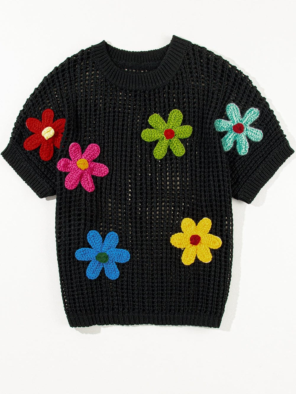 Chic Black Crochet Floral Sweater Tee