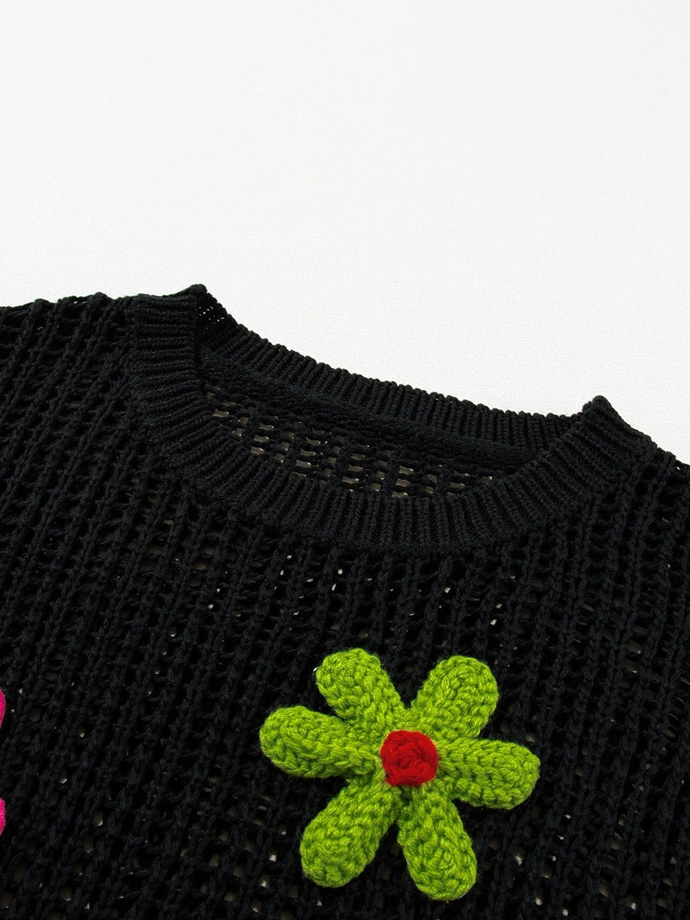Chic Black Crochet Floral Sweater Tee