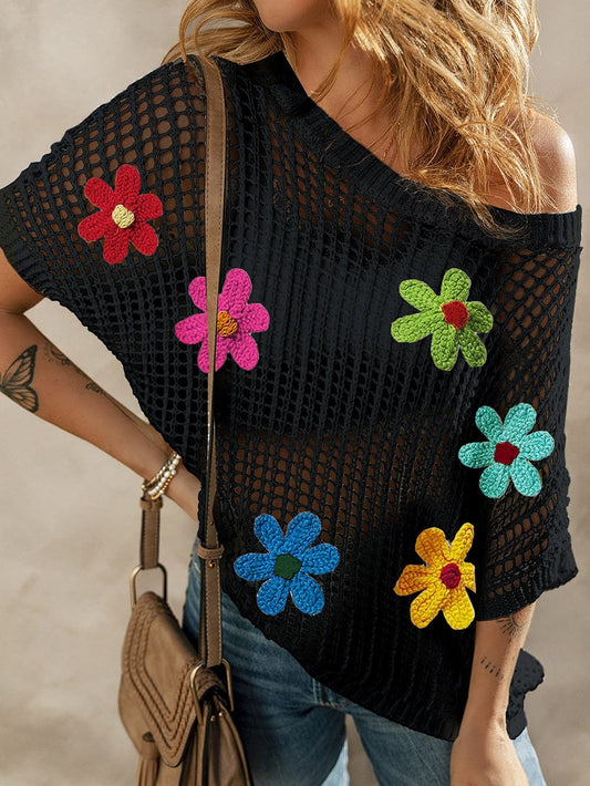 Chic Black Crochet Floral Sweater Tee