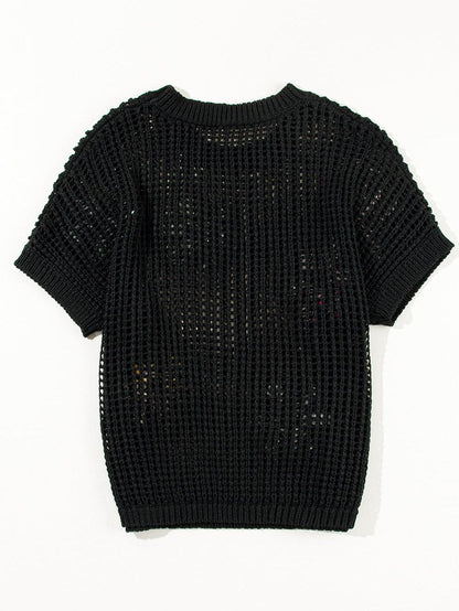 Chic Black Crochet Floral Sweater Tee