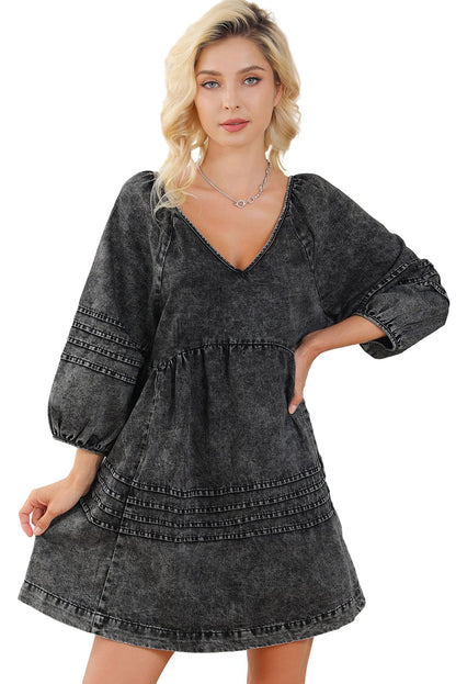 Chic Black Denim Babydoll Mini Dress with Puff Sleeves