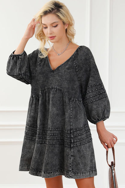 Chic Black Denim Babydoll Mini Dress with Puff Sleeves