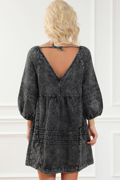 Chic Black Denim Babydoll Mini Dress with Puff Sleeves