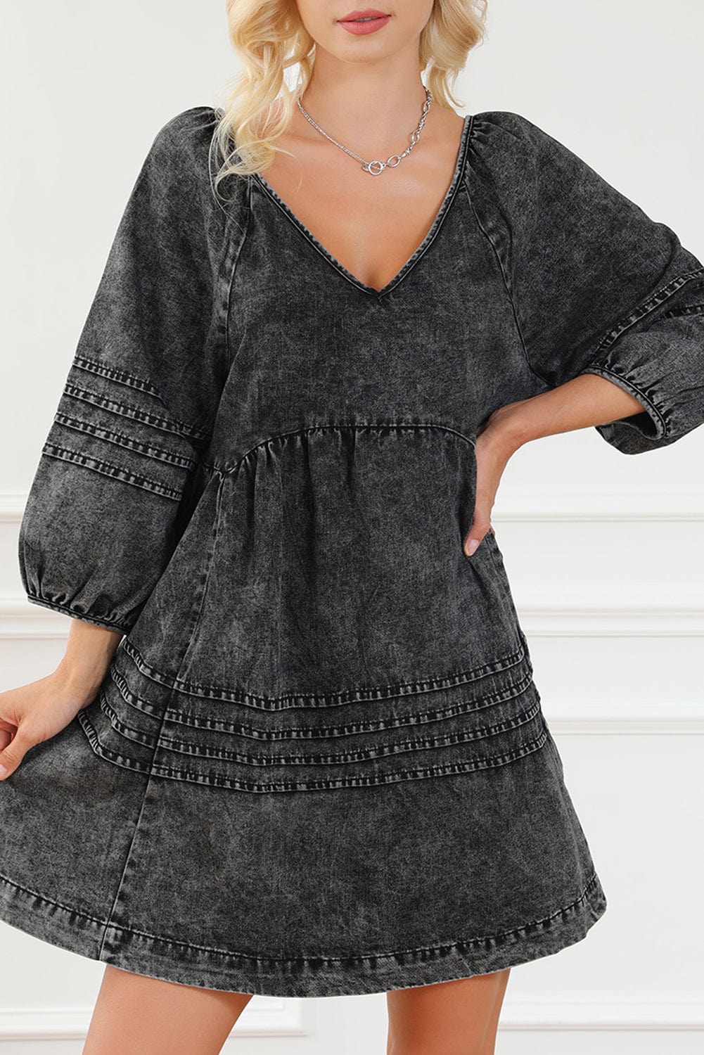 Chic Black Denim Babydoll Mini Dress with Puff Sleeves
