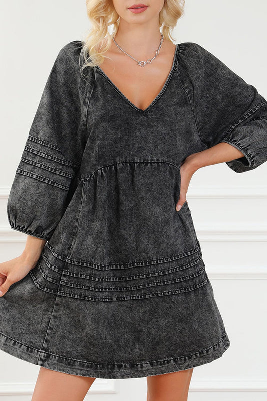 Chic Black Denim Babydoll Mini Dress with Puff Sleeves