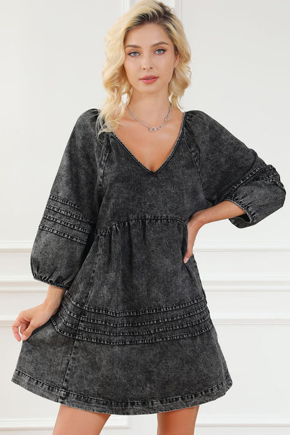 Chic Black Denim Babydoll Mini Dress with Puff Sleeves