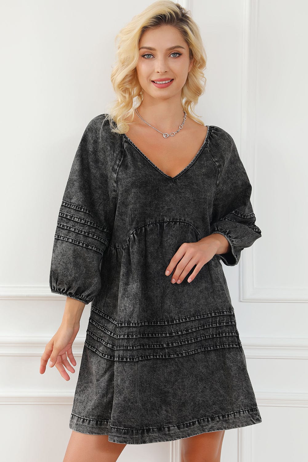 Chic Black Denim Babydoll Mini Dress with Puff Sleeves