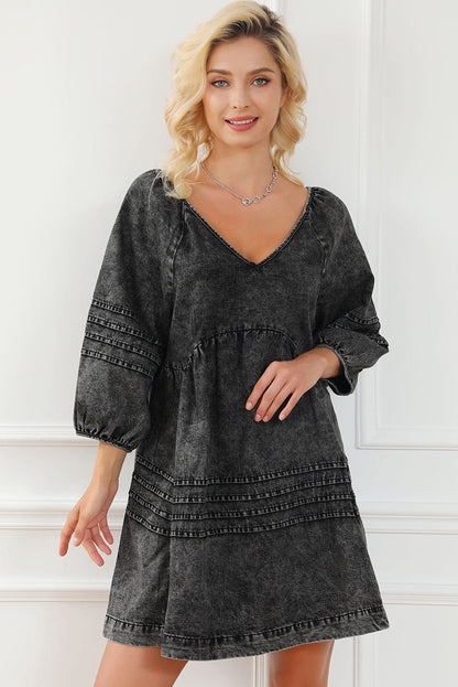 Chic Black Denim Babydoll Mini Dress with Puff Sleeves