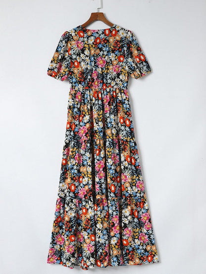 Chic Black Floral Tiered Maxi Dress with Short Sleeves