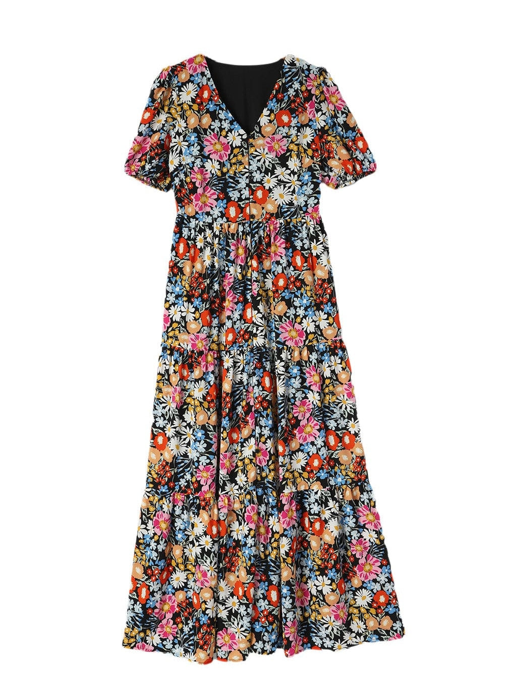 Chic Black Floral Tiered Maxi Dress with Short Sleeves
