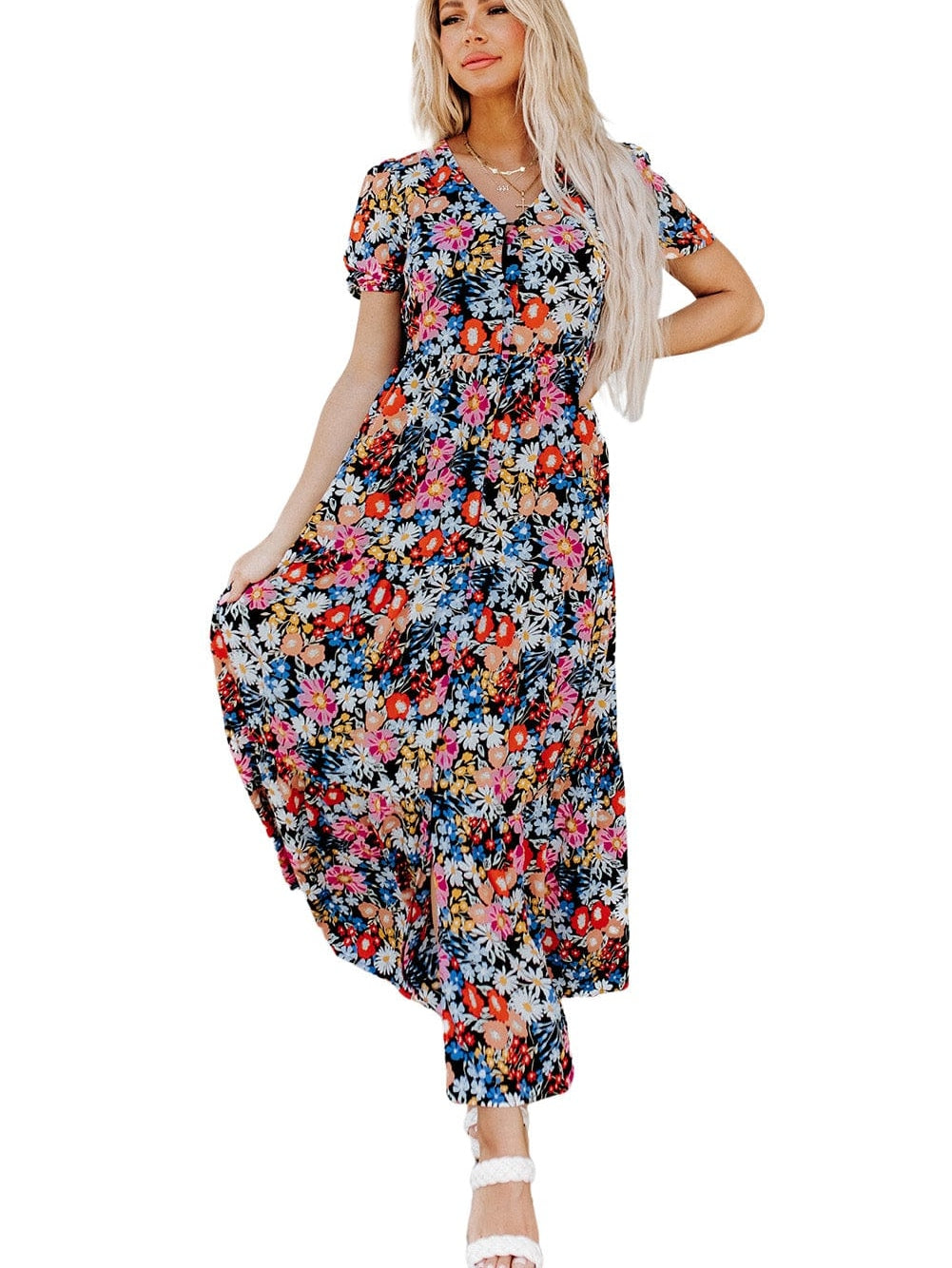 Chic Black Floral Tiered Maxi Dress with Short Sleeves