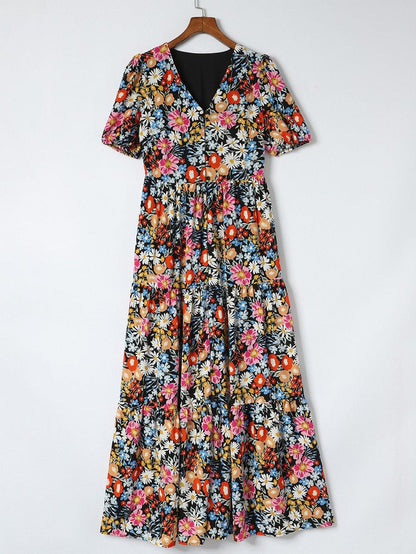 Chic Black Floral Tiered Maxi Dress with Short Sleeves