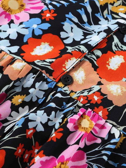 Chic Black Floral Tiered Maxi Dress with Short Sleeves