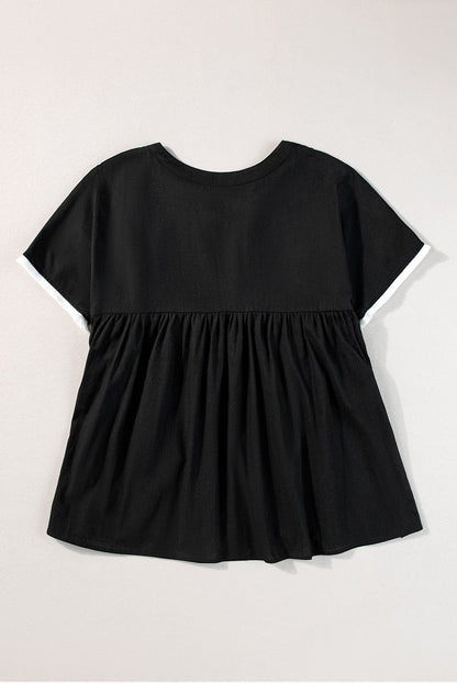 Chic Black Geometric Embroidered Tassel Blouse with V-Neck Tie