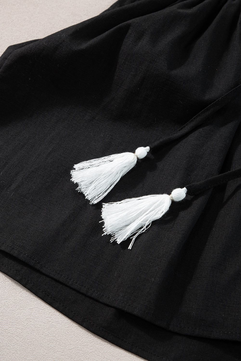 Chic Black Geometric Embroidered Tassel Blouse with V-Neck Tie