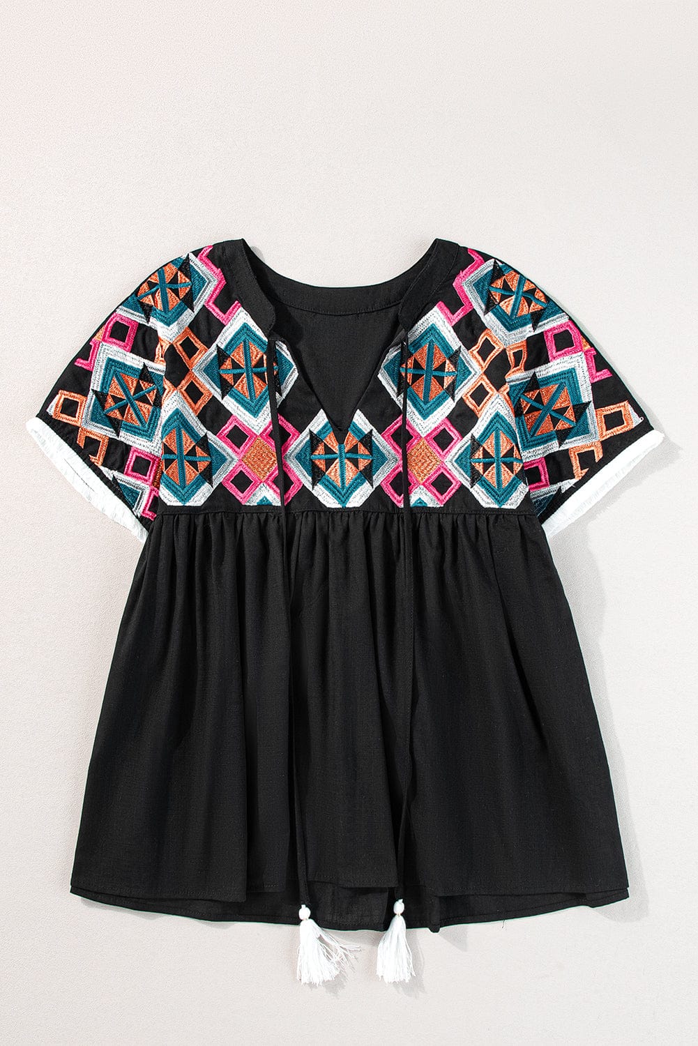 Chic Black Geometric Embroidered Tassel Blouse with V-Neck Tie