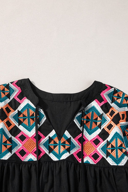 Chic Black Geometric Embroidered Tassel Blouse with V-Neck Tie