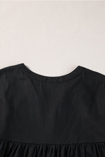 Chic Black Geometric Embroidered Tassel Blouse with V-Neck Tie