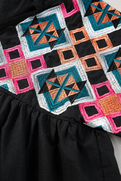 Chic Black Geometric Embroidered Tassel Blouse with V-Neck Tie